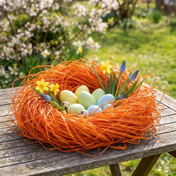 Osternest mit Ostereiern und Frühlingsblumen wie Narzissen und Traubenhyazinthen auf einem Holztisch im Garten.