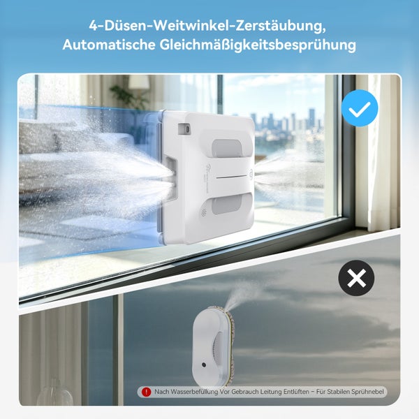 Fensterreinigungsroboter mit 4-Düsen-Weitwinkel-Zerstäubung für gleichmäßiges Sprühen im Vergleich zu einem Modell mit nur einer Düse.