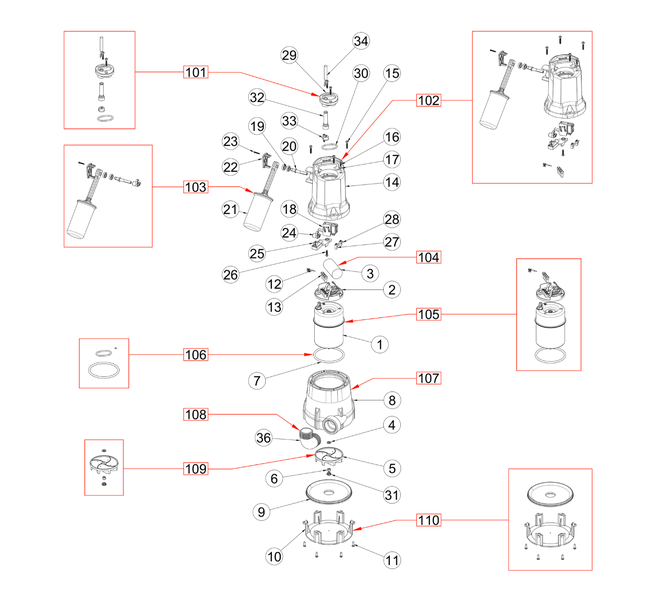Explosionszeichnung einer Pumpe mit nummerierten Einzelteilen
