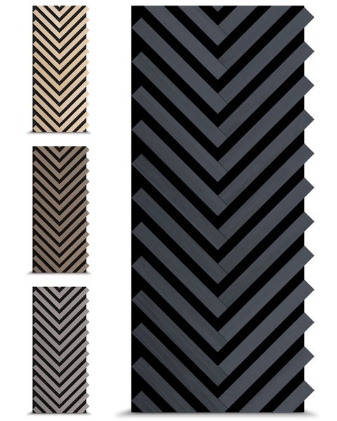 Akustikpaneel mit Chevron-Muster aus Holzlamellen auf Filzträger, verschiedene Ausführungen.