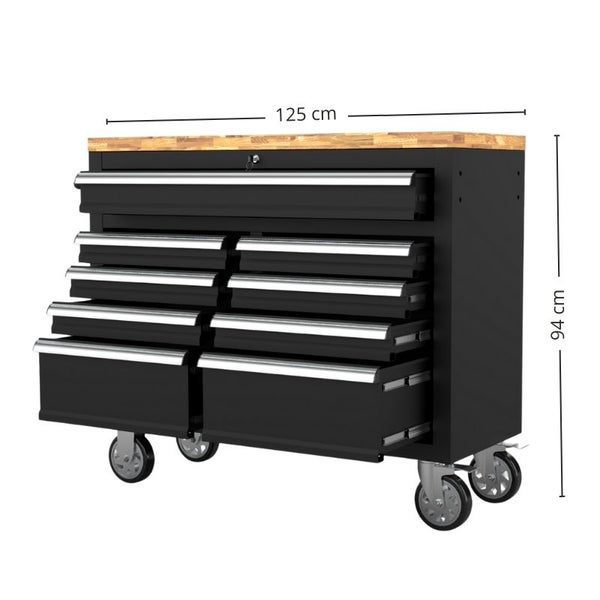 Werkzeugwagen mit mehreren Schubladen und einer Arbeitsfläche von 125 cm Länge und 94 cm Höhe.
