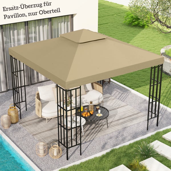 Beige Ersatzbespannung für ein quadratisches Pavillon-Oberteil auf einem schwarzen Metallgestell in einem Garten mit Pool und Lounge-Möbeln.