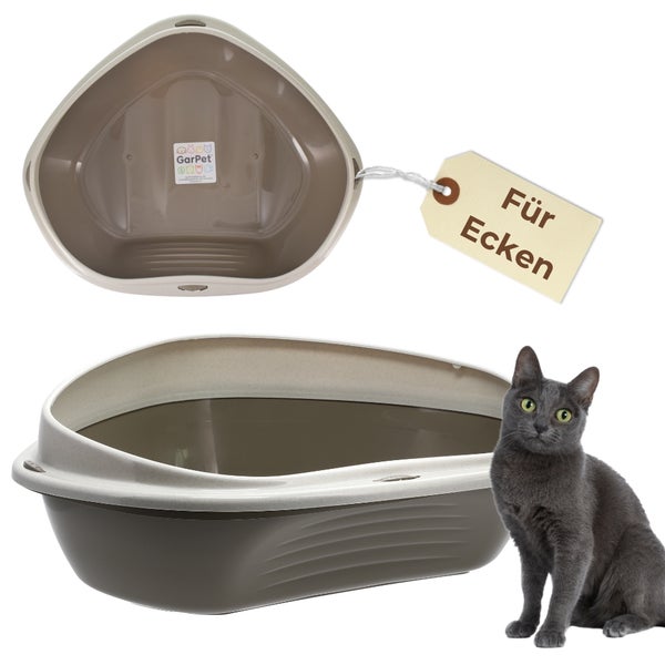 Eck-Katzentoilette von GarPet aus Kunststoff mit hohem Rand, GarPet Logo, Schild für Ecken und einer Katze zur Veranschaulichung.