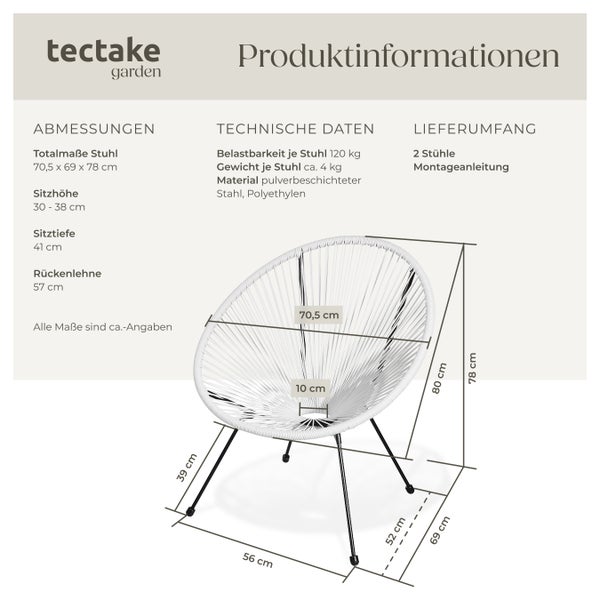 2er Set Gartenstuhl tectake Santana Belastbarkeit 120 kg, 70,5 x 69 x 78 cm Retro-Design im Acapulco-Stil weiß