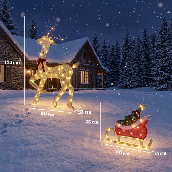Beleuchtete Weihnachtsdekoration bestehend aus einem 125 Zentimeter großen Rentier und einem 55 Zentimeter großen Schlitten für den Außenbereich.