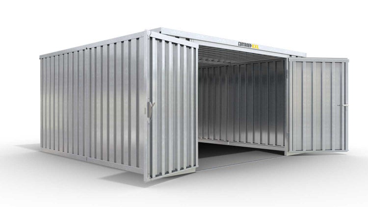 Lagercontainer Gerätehaus XL2  – 21 qm, H2115 x B5080 x T4340 mm, verzinkt, ohne Fußboden, 2750 mm Doppelflügeltür mittig in Stirnseite, zerlegt