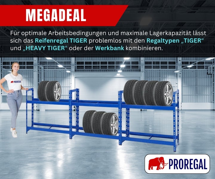 Blaues Proregal Reifenregal Tiger aus Metall in einer hellen Lagerhalle mit Reifen, neben einer Person zum Größenvergleich. Proregal Logo.