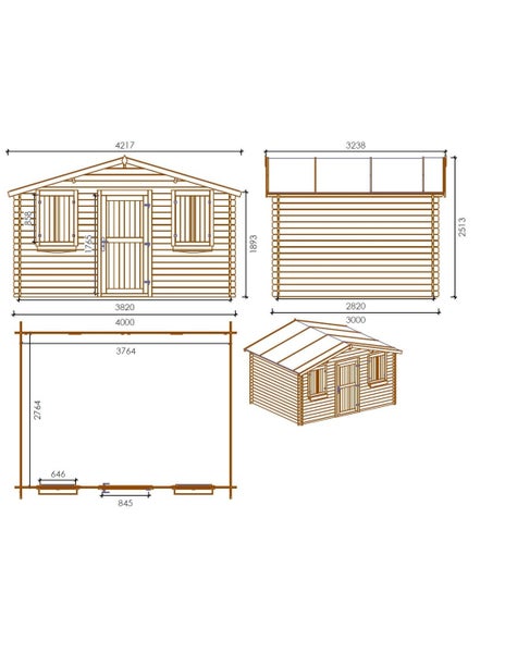 Technische Zeichnung eines Holzgartenhauses mit Vorder- und Seitenansicht, Grundriss, Perspektive und Maßangaben.
