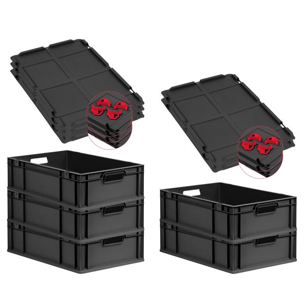PROREGAL SuperSparSet 5x Eurobox NextGen Grip mit Auflagedeckel inkl. 4 roten Schiebeschnappverschlüssen, HxBxT 17x40x60cm, 34 Liter, Schwarz, Griffe offen, Eurobehälter, Transportbox, Transportbehälter, Stapelbehälter