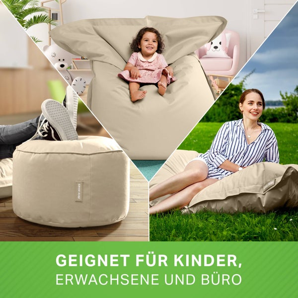Green Bean 2er Set XXL Sitzsack inkl. Pouf fertig befüllt mit EPS-Perlen - Riesensitzsack 140x180 Lounge Sitz-Kissen Bean-Bag Chair  - Beige