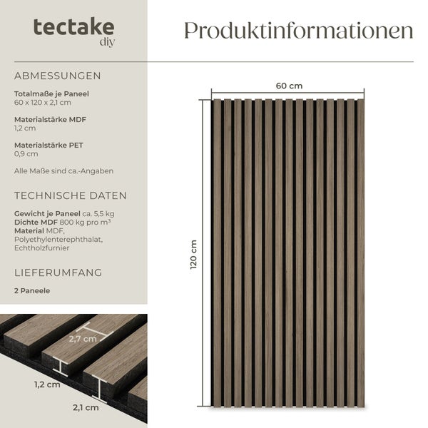 Produktinformationen zu einem Paneel aus MDF, Polyethylenterephthalat und Echtholzfurnier mit den Maßen 60 x 120 x 2,1 cm