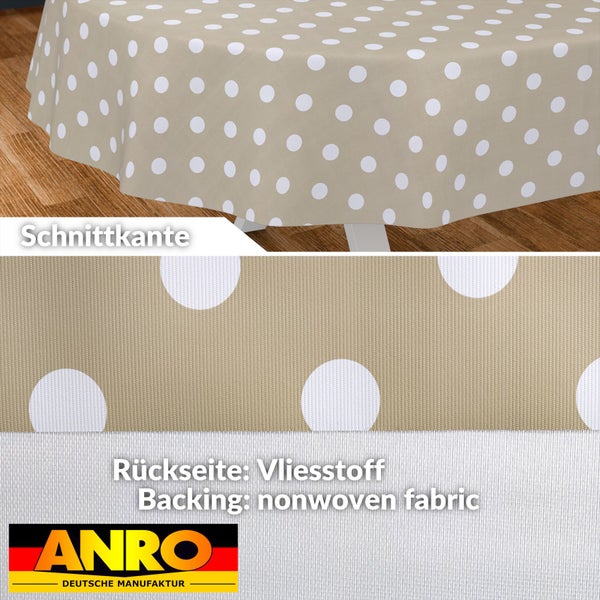 Runde Tischdecke mit weißen Punkten, Schnittkante und Rückseite aus Vliesstoff, ANRO Logo.