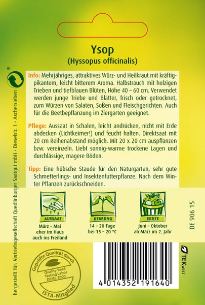 Rückseite der Samenpackung Ysop mit Informationen zu Aussaat, Keimung und Ernte, Qualitätssiegeln sowie Quedlinburger Saatgut Logo.