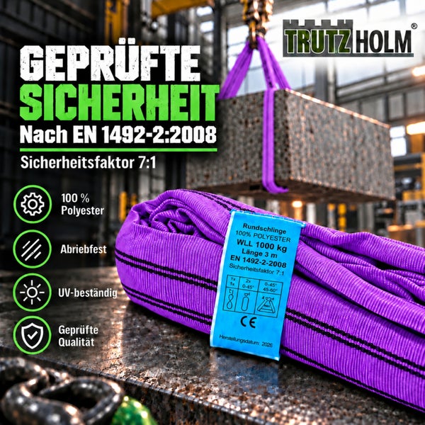 Trutzholm Rundschlinge aus Polyester mit 1000 Kilogramm Tragfähigkeit und 3 Meter Länge für geprüfte Sicherheit beim Heben von Lasten.