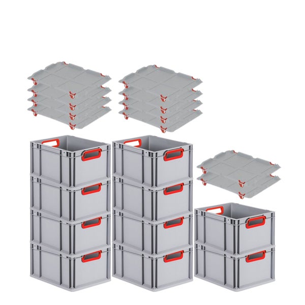 PROREGAL Spar Set 10x Eurobox Nextgen Color Mit Auflagedeckel & Schiebeschnappverschlüsse HxBxT 22 x 30 x 40 cm Griffe Rot Offen Glatter Boden