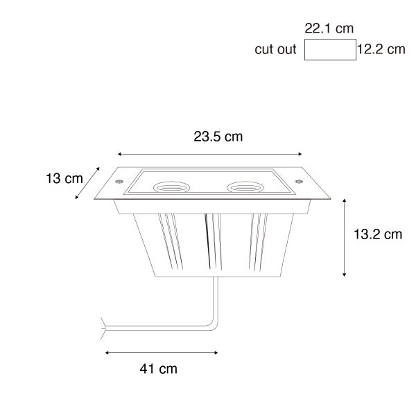Maßzeichnung Bodeneinbaustrahler. Länge 23,5 Zentimeter, Breite 13 Zentimeter, Höhe 13,2 Zentimeter, Ausschnitt 22,1 mal 12,2 Zentimeter.