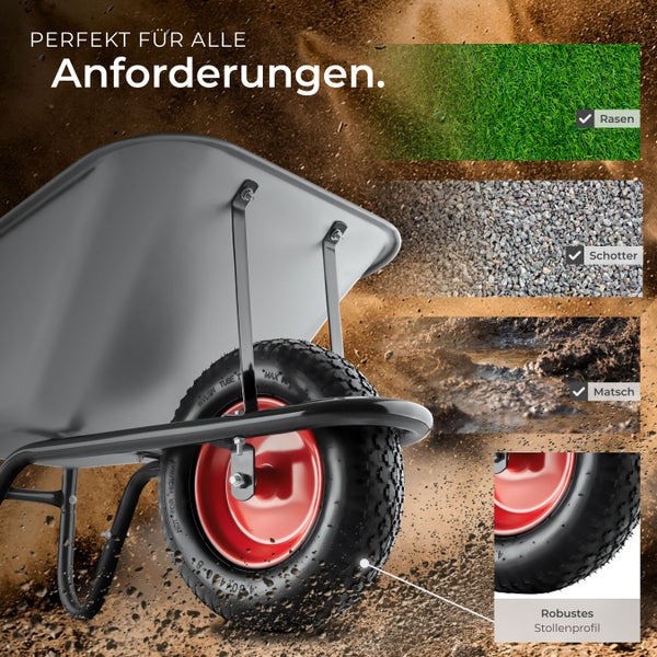 Schubkarre geeignet für Rasen, Schotter und Matsch mit robustem Stollenprofil.
