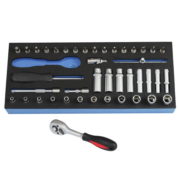 PROREGAL Werkzeug Satz Werkstattwagen Cheetah Steckschlüssel Garnitur 1/4 42 Teile mit Schaumstoff Schubladeneinlage HxBxT 4,6 x 34 x 12,5 cm