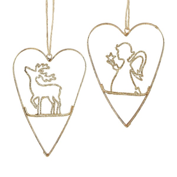 Zwei herzförmige Christbaumhänger mit Hirsch- und Engelsmotiven