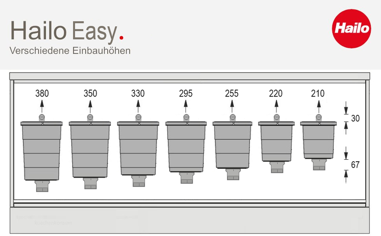 Hailo Logo. Infografik Hailo Easy mit Darstellung verschiedener Einbauhöhen für Abfallsammler von 380 bis 210 Millimeter.