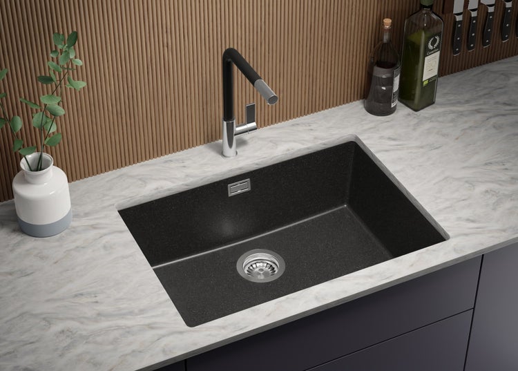 PRIMAGRAN Unterbauspüle Granit Anthrazit 66x47cm, Spülbecken 1 Becken + Küchenarmatur 40x20cm + Ablauf-Set, Granitspüle ab 70er Unterschrank - London