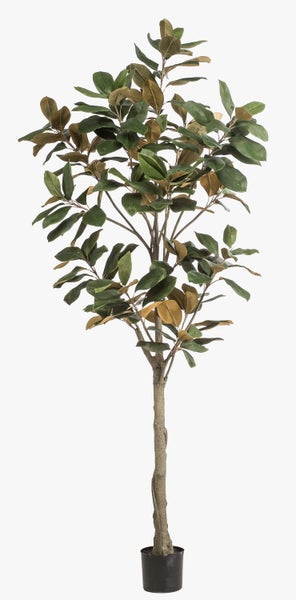 Künstlicher Magnolienbaum mit grünen und braunen Blättern in einem schwarzen Topf.