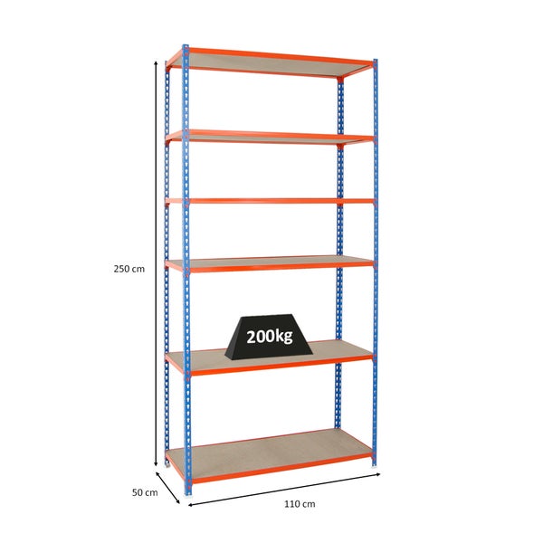 PROREGAL Schwerlastregal Giant Muli HxBxT 250 x 110 x 50 cm 6 Fachböden Fachlast 200 kg Blau-Orange