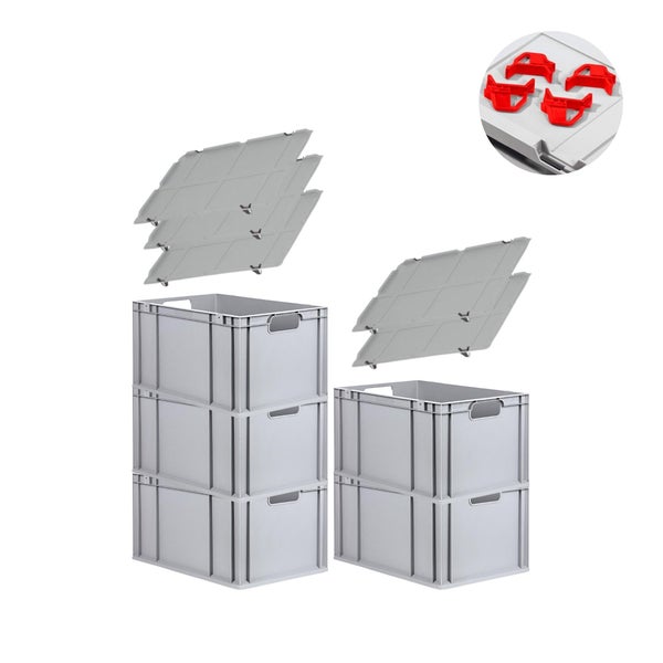 PROREGAL Spar Set 5x Eurobox Nextgen Economy Mit Auflagedeckel & 4x Schiebeschnappverschlüsse Rot Griffe Offen HxBxT 32 x 40 x 60 cm 65 Liter