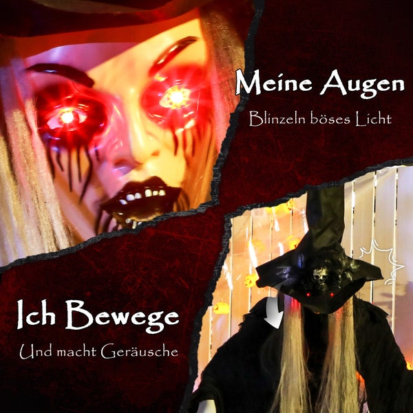 Animierte Halloween Hängefigur einer Hexe mit blinkenden Augen und Geräuschen