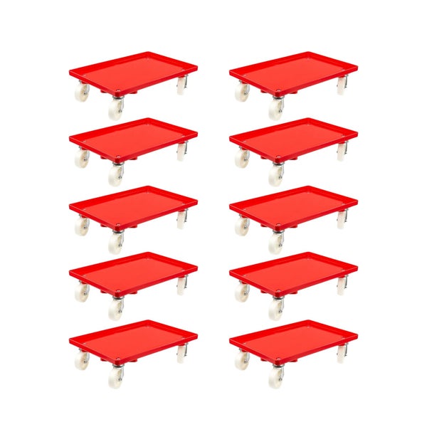 PROREGAL SparSet 10x Transportroller für Euroboxen 60 x 40 cm mit Kunststoffräder Rot Geschlossenes Deck 2 Lenkrollen und 2 Bremsrollen 300 kg