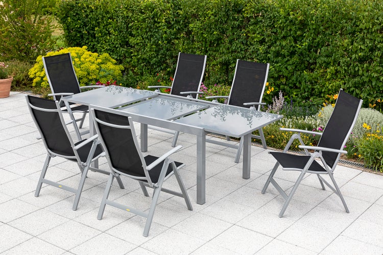 Carrara Gartenmöbelset 7tlg., Semi Ausziehtisch 150 (220) x 90 cm, schwarz