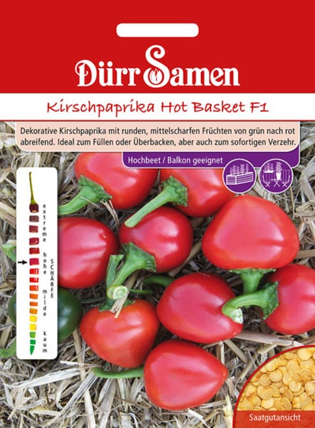 Dürr Samen Saatgut für Kirschpaprika Hot Basket F1 mit runden Früchten, geeignet für Hochbeet und Balkon, mit Anzeige des Schärfegrads.