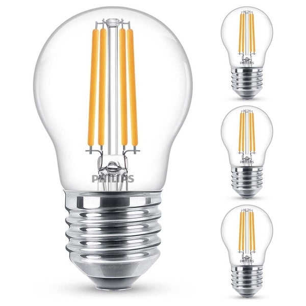 Philips LED Lampe ersetzt 60W, E27 Tropfenform P45, klar, warmweiß, 806 Lumen, nicht dimmbar, 4er Pack
