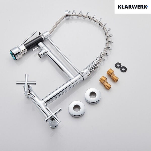 Björn | Gastronomie Wandmontage Armatur Chrom glänzend | Profi Küchenarmatur Edelstahl Zwei Brausen | Doppelspülbecken Wasserhahn Restaurant Wand