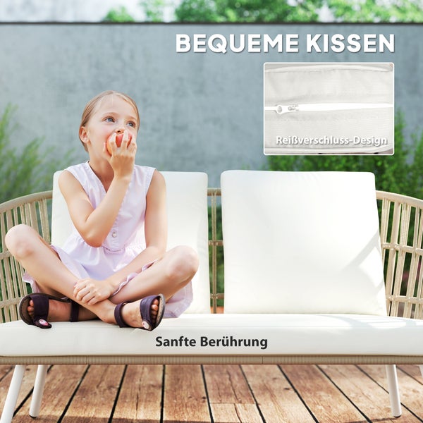 Outsunny Gartenmöbel Set aus Polyrattan Lounge-Set mit 2er Sofa Sessel Tisch Kissen wetterfest Sitzgruppe für 4 Personen Outdoor Balkonmöbel Set Terrassenmöbel für Garten Balkon Terrasse Khaki