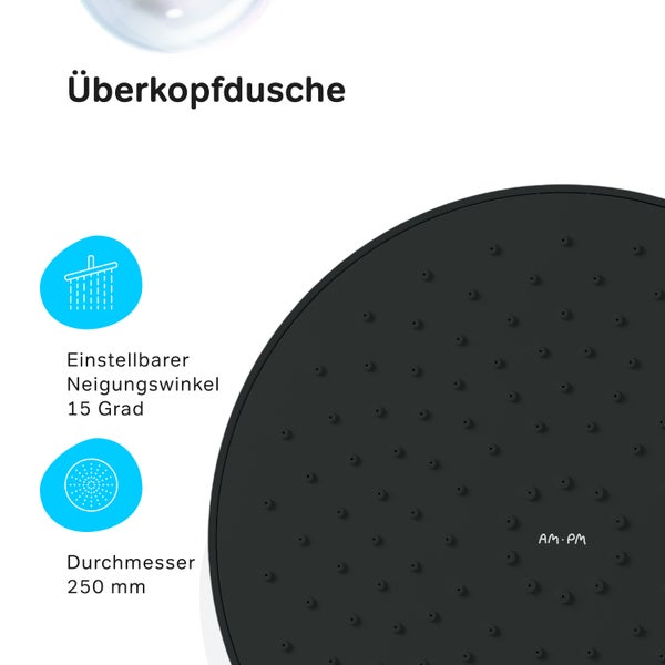 Überkopfbrause mit einem Durchmesser von 250 mm und einem einstellbaren Neigungswinkel von 15 Grad.