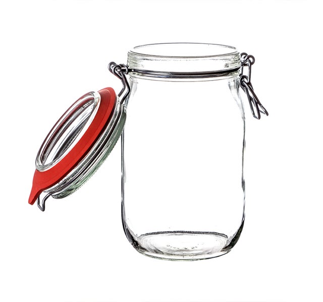 Glas mit Bügelverschluss und offenem Deckel