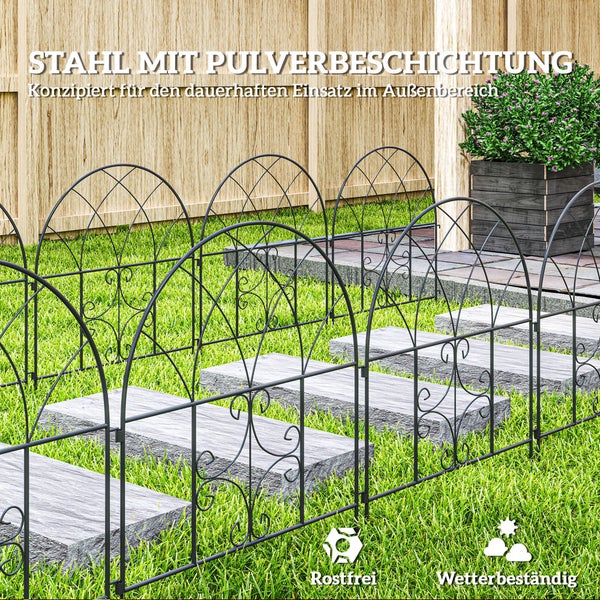 Outsunny Gartenzaun Zaun Stahl 300 cm x 70 cm hoch Dekorativer Gitterzaun Set Zaunelemente Landschaftszaun Oberbogen Zaun für Hunde Hundezaun für Garten Blumenbeete Tierbarriere Außenbereich Schwarz