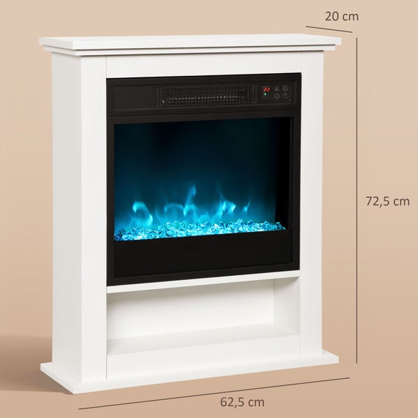 Weißer Elektrokamin mit blauen Flammen und Kristallen, Abmessungen 72,5 Zentimeter Höhe, 62,5 Zentimeter Breite, 20 Zentimeter Tiefe.