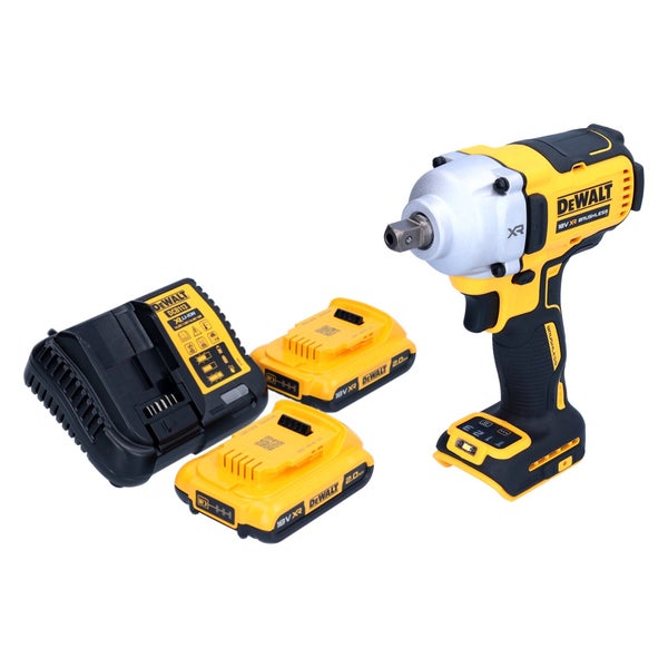DeWalt Akku-Schlagschrauber Set mit 18 Volt bürstenlosem Motor, zwei 2,0 Amperestunden Akkus und einem Ladegerät.