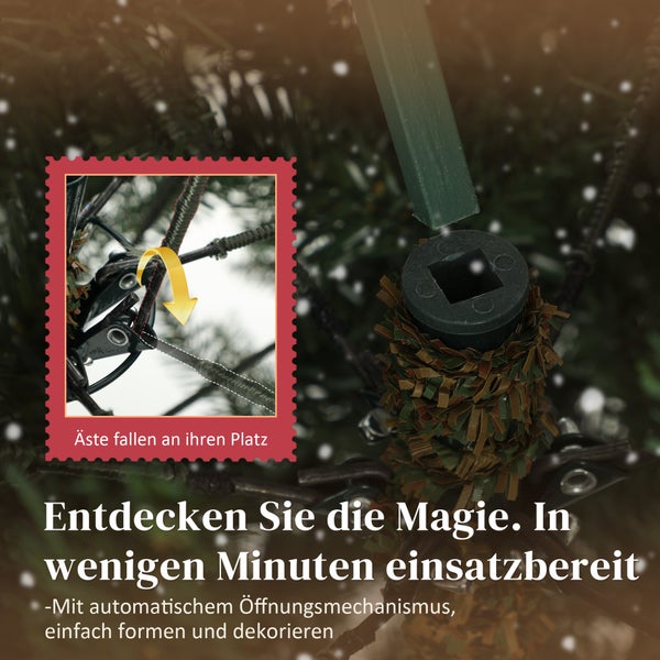 Künstlicher Weihnachtsbaum mit automatischem Öffnungsmechanismus der Äste und einfacher Montage durch ein Stecksystem.