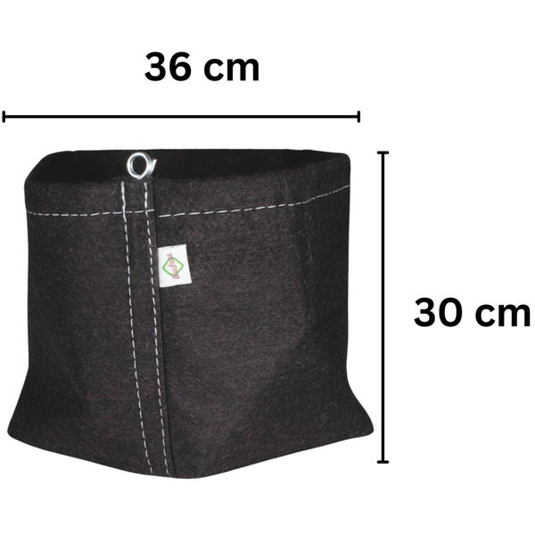 Pflanzbeutel aus Textil mit Weedness Logo, Breite 36 Zentimeter und Höhe 30 Zentimeter.