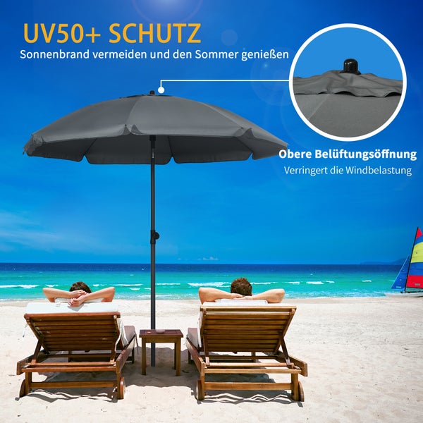 Outsunny Sonnenschirm Strand Ø180 cm UV 50+ windfest stabil Strandschirm mit UV-Schutz sturmfest Balkon-Schirm faltbarer Gartenschirm sicherer Sonnenschutz für Reisen Strand Balkon Camping Dunkelgrau