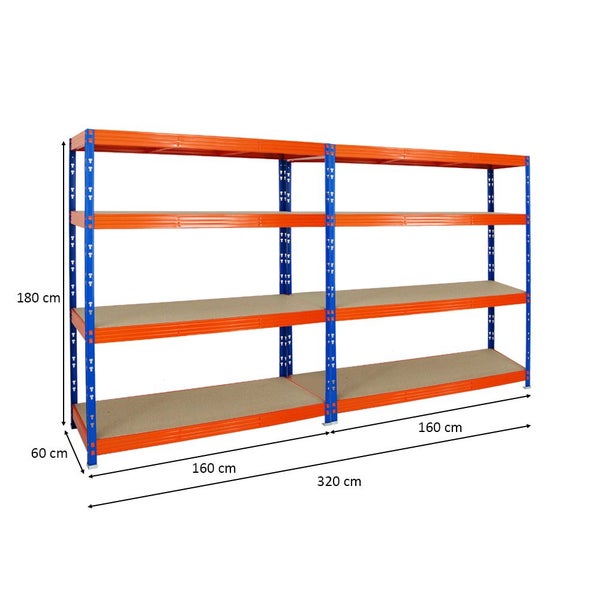 PROREGAL Mega Deal 2x Profi Schwerlastregal Rhino HxBxT 180 x 160 x 60 cm 4 Spanplatten-Ebenen 8mm Fachlast 500 kg Blau-Orange