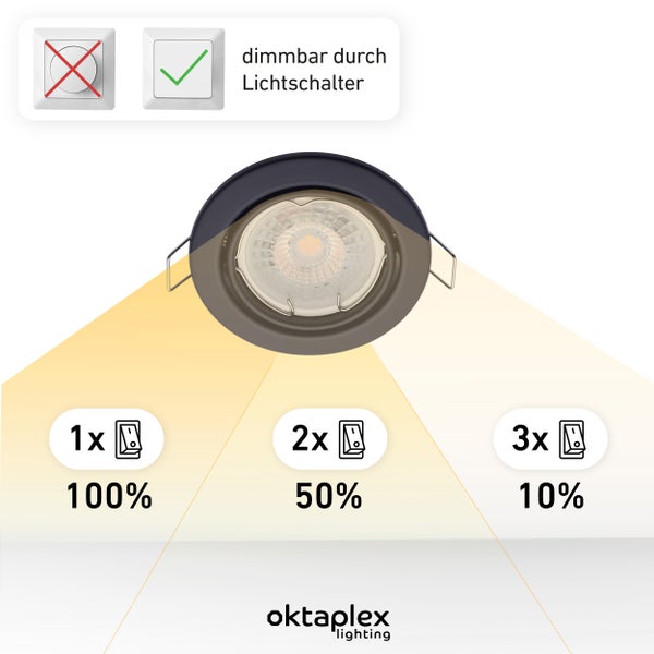 Einbaustrahler 3 stufig dimmbar Warmweiß 3000K LED Modul Nizza 4,8W Schwenkbar 380lm Lochmaß 68mm Schwarz