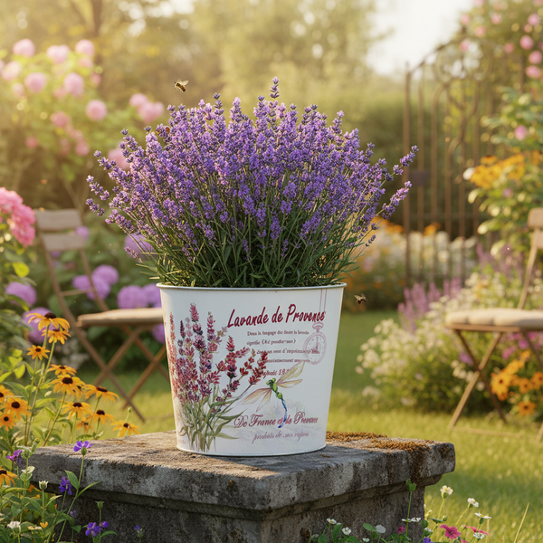 Echter Lavendel im dekorativen Pflanztopf Lavande de Provence auf einem Steinsockel in einem sonnigen Garten mit Gartenstühlen.