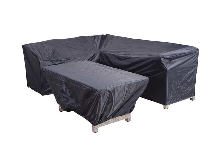 Schutzhülle für Gartenmöbel-Set bestehend aus Ecksofa und Tisch, aus wetterfestem Material.
