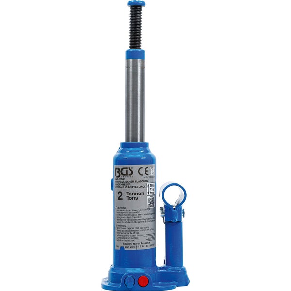 Blauer hydraulischer Flaschenwagenheber aus Metall mit 2 Tonnen Tragkraft und ausgefahrener Kolbenstange.