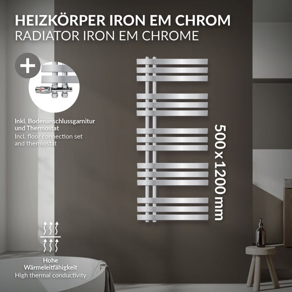 LuxeBath Badheizkörper Iron EM 500x1200 mm Chrom Mittelanschluss mit Anschlussgarnitur Thermostat Durchgang Boden, Design Heizkörper Bad Heizung Handtuchwärmer Handtuchtrockner Handtuchheizkörper