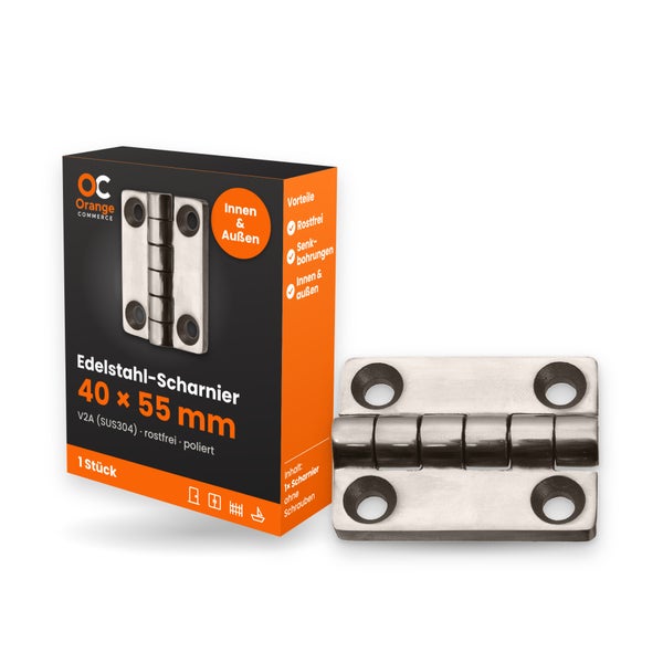 Edelstahl Scharnier 40 mal 55 Millimeter V2A rostfrei mit Verpackung